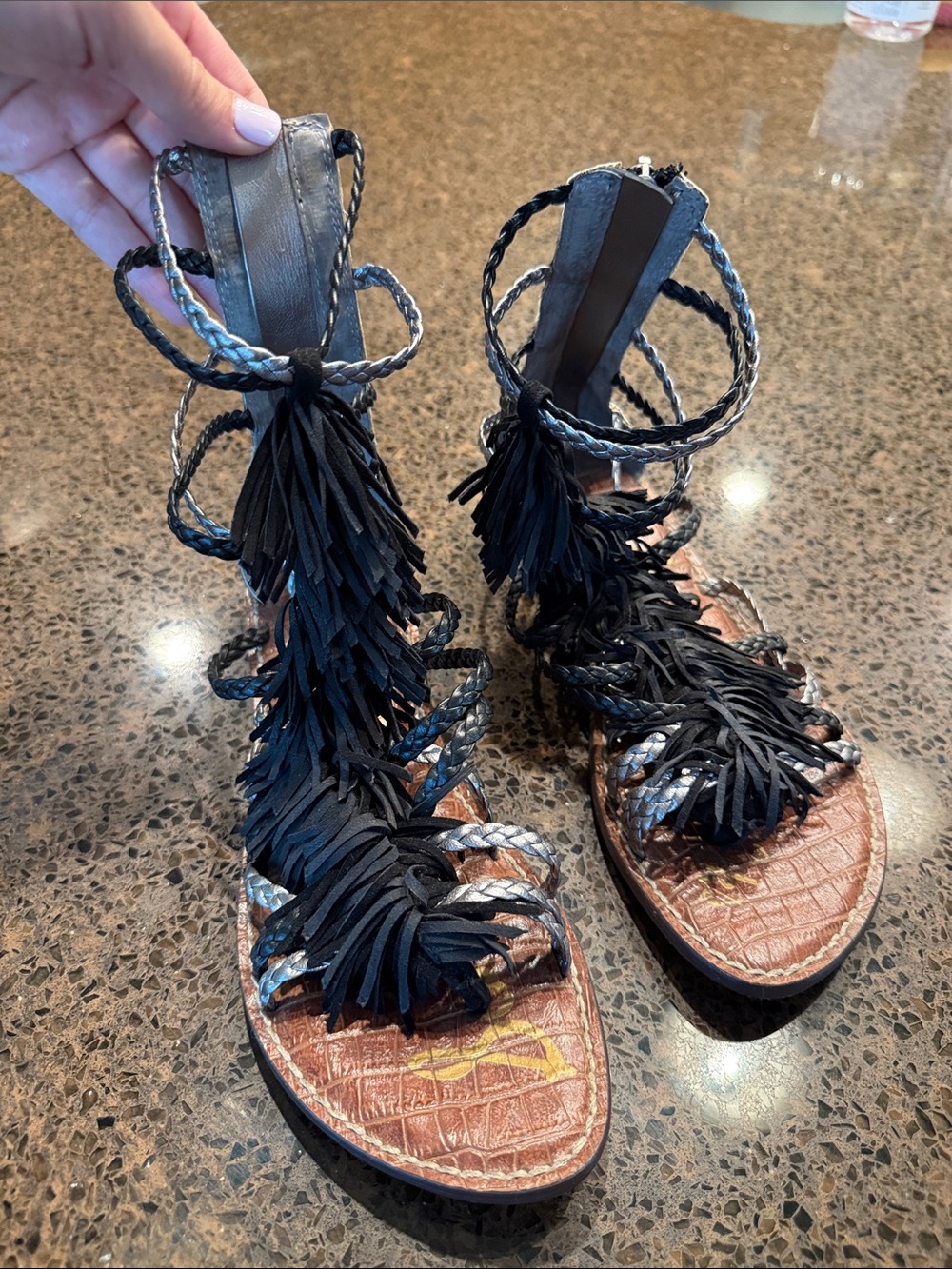 Sam Edelman Black Braided Fringe Gladiator Sandals